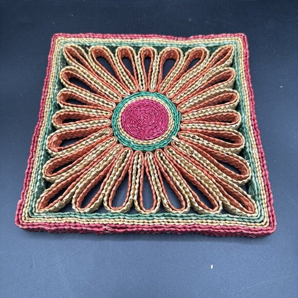 Vtg Raffia Straw Trivet Hot Pad Rattan Wicker Colorful Boho Wall Decor Lot of 2 - Picture 7 of 12